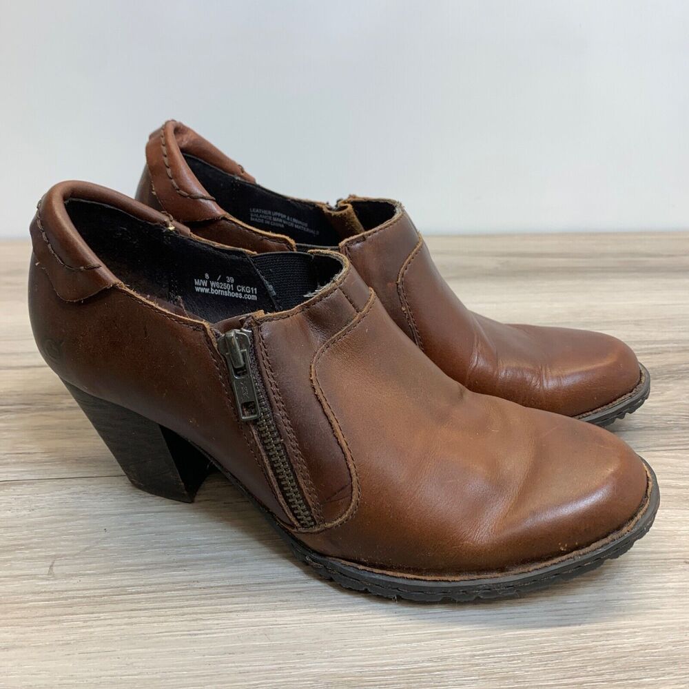 Born Boots Womens 8 Carteret Ankle Bootie Heels W62501 Brown Leather Zip Slip On